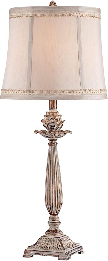 Regency Hill Shabby Chic French Country Cottage Table Lamp 28" Tall Antique White Washed Petite Artichoke Font Beige Fabric Bell Shade for Living Room Bedroom House Bedside Nightstand Home