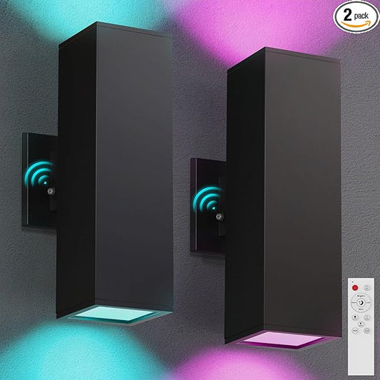 Outdoor Wall Lights 2 Pack, Aluminum Exterior Lighting Fixtures Dusk to Dawn Outdoor Lighting Color Changing Porch Lights with Matte Black Finish, Up and Down Lights Control with App and Voice