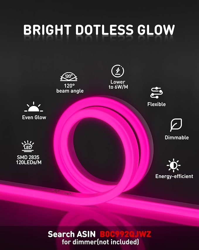 Shine Decor LED Rope Lights AC 120V, Connectable & Cuttable Dotless 120LEDs/M Eco Neon Strip Lighting, ETL IP65 Waterproof & Weather-Resistant for Home Commercial, 8x16mm, Pink, 16.4FT