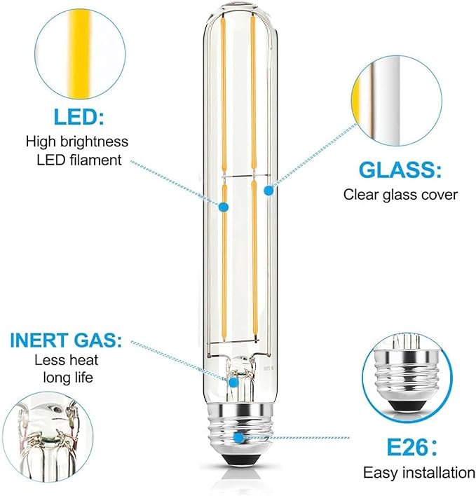 7.3 Inch E26 Led Bulb 6W Dimmable, 6000K Cool White Edison Bulbs 800LM, Equal 80 Watt Tubular T10 T9 Long Clear Glass Light Bulb for Rustic Pendant Industrial Pipe Wall Sconces - 6Pack