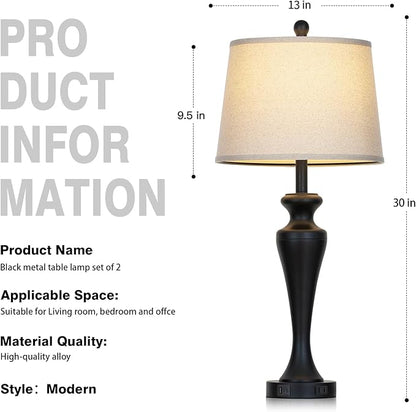 30" Black Table Lamps for Living Room, 3-Way Dimmable Touch Bedside Lamp with USB A+C Ports and AC Outlet, Tall Bedroom Lamps Set of 2, Modern Metal Nightstand Lamps for Desk Side Table Office
