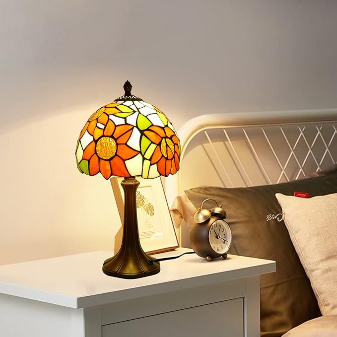 Tiffany Style Lamp Sunflower Vintage Table Lamp Small Lamps Stained Glass Lamp Tiffany Lamps for Bedroom 8" Wide 15" Tall for Living Room Home Office with LED Bulb