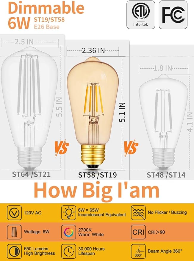 CRLight Amber Glass ST58 = ST19 Vintage LED Edison Bulb - Dimmable 6W 650LM 2700K Warm White, 90+ CRI, E26 Antique Style Decorative Filament Light, 60W Incandescent Replacement, 10-Pack