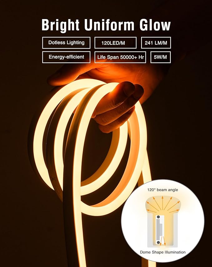 Shine Decor LED Neon Rope Lights AC 120V, Expandable & Cuttable 120LEDs/M Bright Strip Lighting, ETL Cold-Resistant & IP65 Waterproof for Indoor Outdoor, 8x16mm, 2500K Warm White, 32.8ft