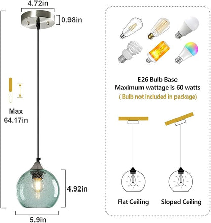Light Green Glass Pendant Lights Kitchen Island Globe Pendant Light Fixtures Modern Pendant Lighting for Bedroom Living Dining Room Light Fixture (5.9 in, 1 Pack)