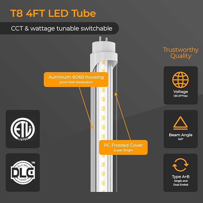 6PK T8 LED Bulbs 4 Foot, Frosted 10W-24W 5 Watt Selectable 6 CCT 3000K-6500K, Type A+B Plug & Play or Ballast Bypass 4ft Fluorescent Tube Light Bulbs Replacement, Single Double-Ended Input