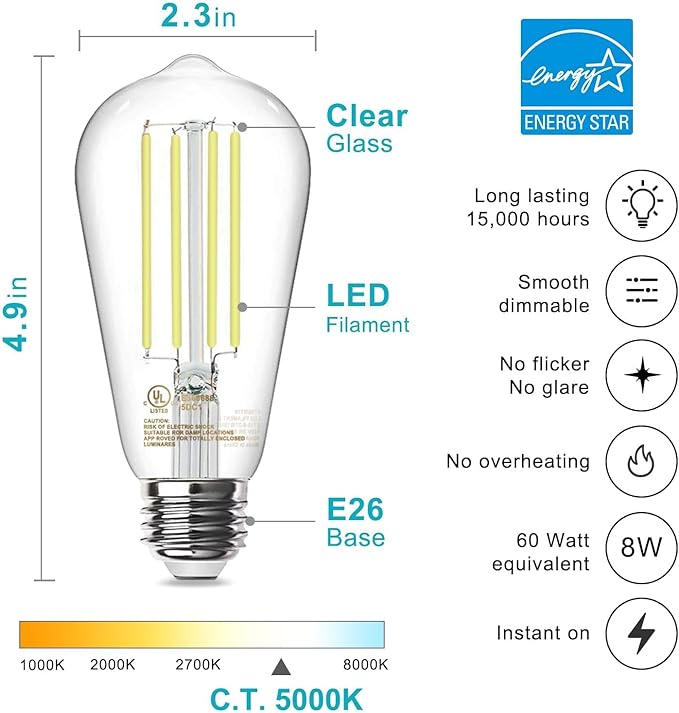 TJOY 50 Pack Vintage Edison LED Light Bulbs, Dimmable, 60W Equivalent, E26 Medium Base, 5000K Daylight, ST58, 8W, 800LM, Ultra-Bright, 80+CRI, Antique Decorative Filament, Clear Glass