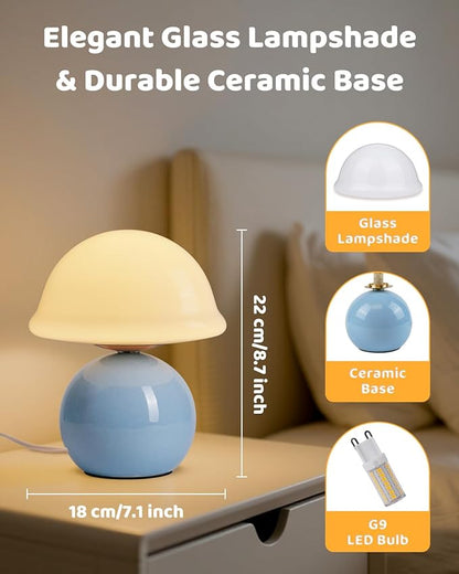 Mushroom Table Lamp for Bedroom, Cozy Bedside Lamp with Glass Shade, Stepless Dimmable Nightstand Lamp for Relaxing Bedroom Decor & Aesthetic Home (Blue)