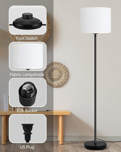 BoostArea Floor Lamps Standing Lamp, Modern 58" Tall Lamp with White Lampshade, Simple Small Pole Lamp for Bedroom, Pedal Switch, Black Small Lamps for Kid Room/Office/Reading Room(E26 Base, NO Bulb)