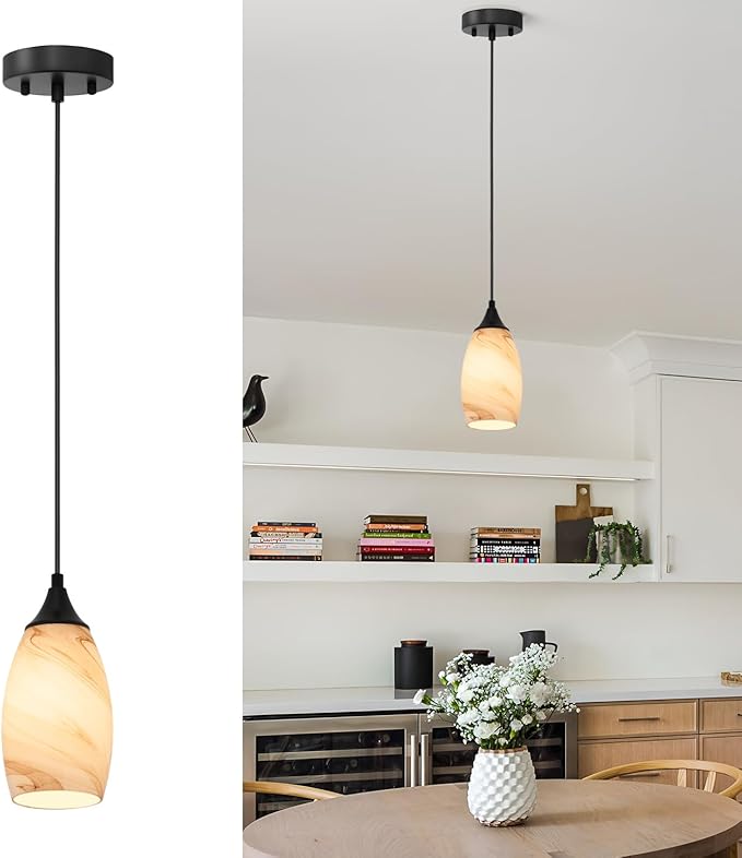 ANYLOVE Vintage Art Brown Stripe Pendant Lighting,1-Pack Hand Glass Hanging Light Fixture,Adjustable Cord for Kitchen,Hallway,Dining Room
