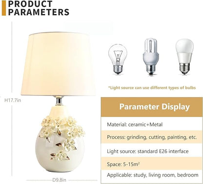 Modern Flower White Table Lamp 17.7" Ceramic Table Lamps Farmhouse Carving with Textured Floral Vase Drum Shade for Living Room Bedroom House Bedside Nightstand Home Office
