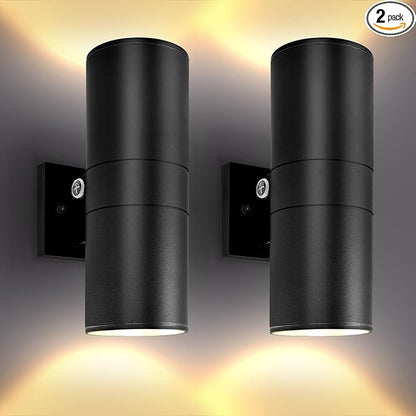 LUXRITE Dusk to Dawn LED Modern Outdoor Wall Lights, 12", Up or Up and Down Light, 3CCT 3000K-5000K, Waterproof Cylinder Wall Sconce, 18/24/30W, Dimmable, IP65, ETL, Black - Patio Garage (2 Pack)