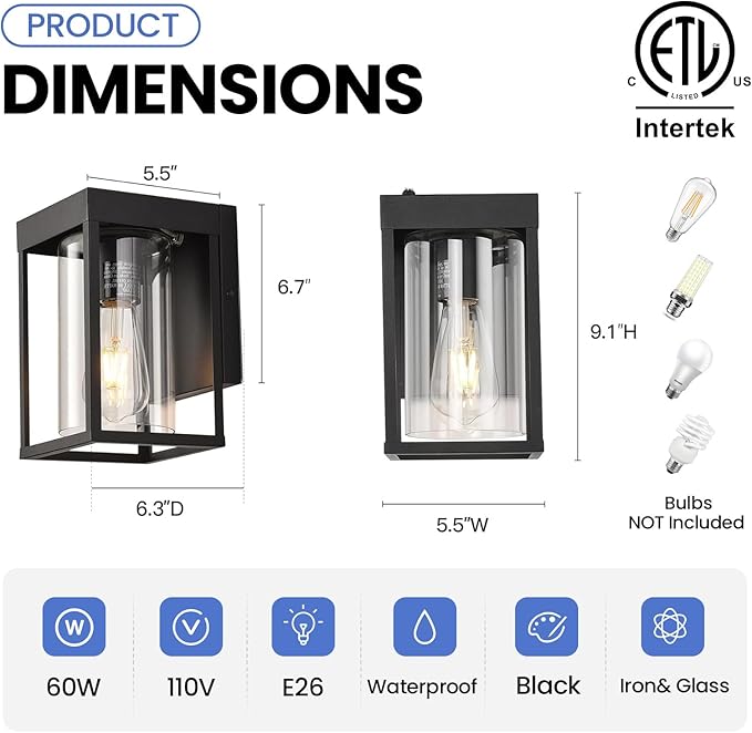 Outdoor Wall Lantern, Dusk to Dawn Outdoor Wall Sconce, 2-Pack Exterior Wall Light, Black Front Porch Light with Clear Glass, Small Waterproof Exterior Light Fixture for House, Patio, Garage