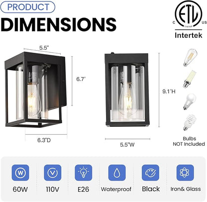 Outdoor Wall Lantern, Dusk to Dawn Outdoor Wall Sconce, 2-Pack Exterior Wall Light, Black Front Porch Light with Clear Glass, Small Waterproof Exterior Light Fixture for House, Patio, Garage