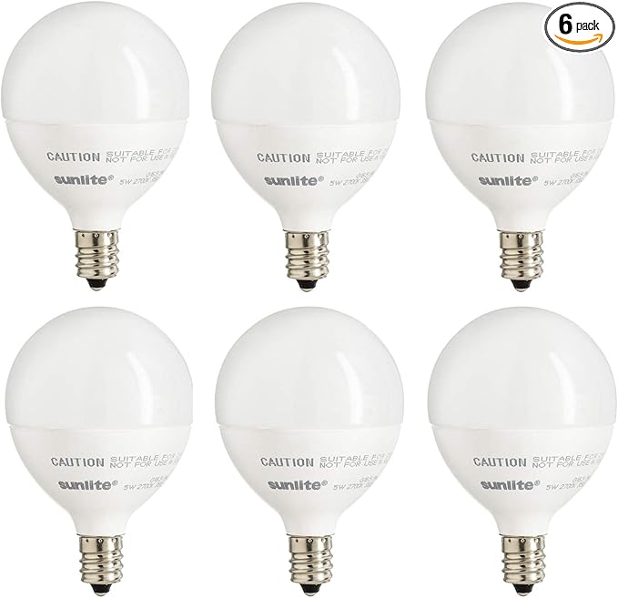 Sunlite LED G16.5 Light Bulb, 5 Watts (40W Equivalent), 350 Lumens, 90 CRI, Candelabra Base (E12), Frost, Dimmable, Title-20 Compliant, ETL Listed, 3000K Warm White, 6 Pack