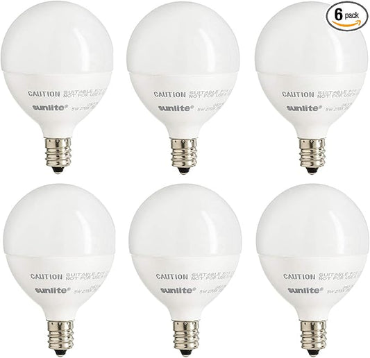 Sunlite LED G16.5 Light Bulb, 5 Watts (40W Equivalent), 350 Lumens, 90 CRI, Candelabra Base (E12), Frost, Dimmable, Title-20 Compliant, ETL Listed, 3000K Warm White, 6 Pack