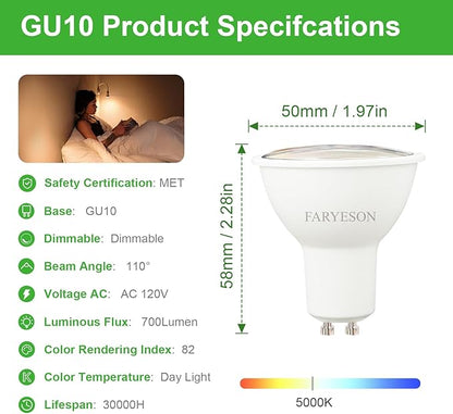 Dimmable GU10 LED Light Bulbs - 5W, Daylight White (5000K), 700 Lumens, Wide 110° Flood Beam, Great for Recessed and Track Lighting in Kitchens, Living Rooms, and Bedrooms, 12-Pack