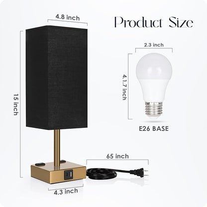 Soilsiu Bedside Lamp with USB Ports - Touch Control Table Lamp for Bedroom with USB C+A Charging Ports & AC Outlets, 3 Way Dimmable Nightstand Light for Living Room (LED Bulb Included, Brass - Black)