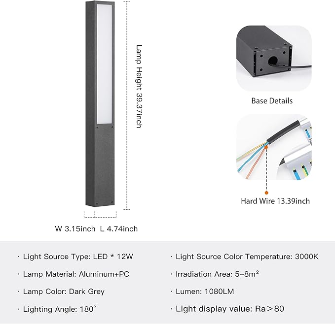 Modern Landscape Path Light,40 Inch Aluminum Pathway Bollard Lights Outdoor High Voltage Wired Garden Floor Lamp IP65 Waterproof LED 3000K Luxury Lighting for Patio Walkway Driveway Yard Decoration