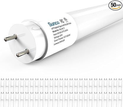 Sunco 50 Pack T8 LED Bulbs 4 Foot, 48 Inch Tube Light Bulbs Fluorescent Replacement, Single or Double Ended Hybrid Type A+B, 2400 LM, 20W, 5000K Daylight, Frosted Lens ETL