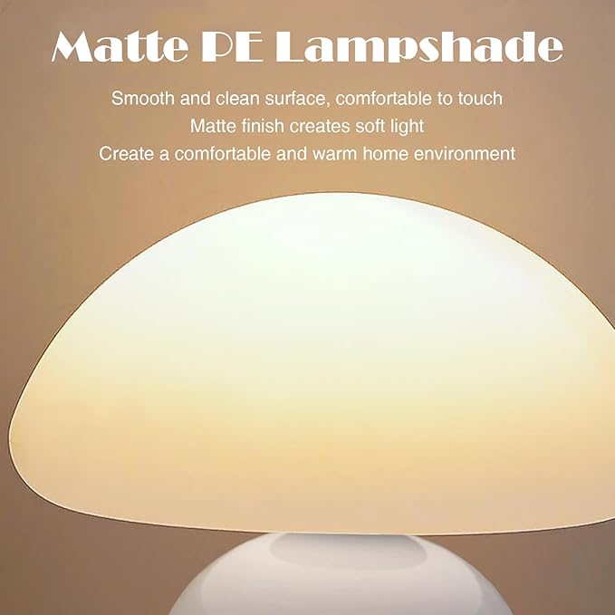 Cute Small Mushroom Lamp, PE Lampshade, Ceramic Spherical Base, Adjustable Light Color and Brightness, Safe USB Powered, Energy-Saving LED Mushroom Light for Bedroom Living Room (White)