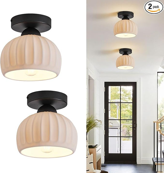 2 Pack Ceramic Semi Flush Mount Ceiling Light,Vintage Black Hallway Light Fixtures, White Globe Ceiling Lights,Mid Century Small Chandelier Light Fixture for Cottage Entryway Laundry Room Kitchen