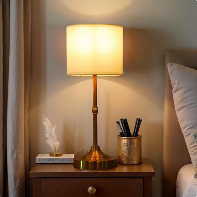 Rechargeable Table Lamp, Cordless Touch Lamps, Portable Desk Light with Stepless Dimmable Brightness & Fabric Shade for Nightstand Bedside Living Room (Gold, Straight)