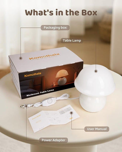 Mushroom Table Lamp for Bedroom, Cozy Bedside Lamp with Glass Shade, Stepless Dimmable Nightstand Lamp for Relaxing Bedroom Decor & Aesthetic Home (White)