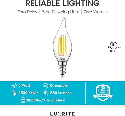 LUXRITE Vintage Candelabra LED Bulb 60W Equivalent, 550 Lumens, 3500K Natural White, LED Chandelier Light Bulbs 5W, Dimmable, Flame Tip Clear Glass,