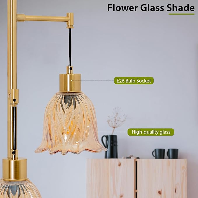 Mid-Century Modern Floor Lamp with Gold Flower Glass Shade - Vintage Brass Tree Standing Light for Living Room, Bedroom, Reading Book - Farmhouse, Bohemian, Boho Chic Home Decor