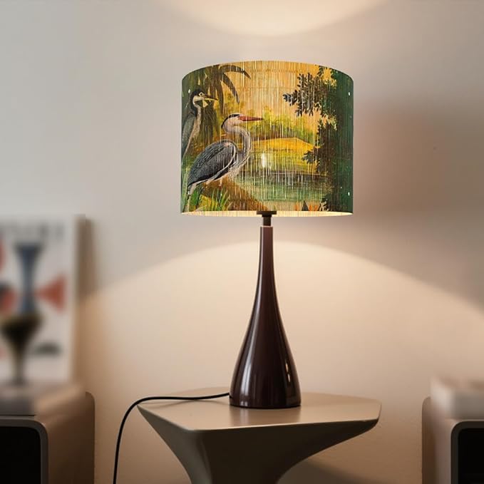 Bamboo Lampshade With Tropical colorful Funky Decorative, idea For Floor And table Lamps, Art deco livingroom bedroom office, Rustic And Retro, Size 11.8Inch (Herons)