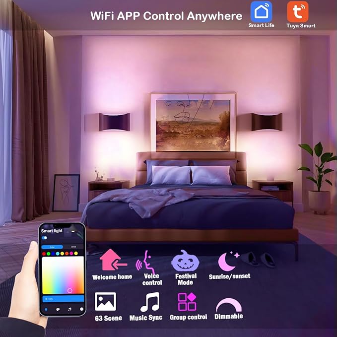 Smart RGB and Double White Outdoor Wall Sconces, WiFi Modern Wall Lights with App & Voice Control, Music Sync, IP65 Waterproof Up Down Lights for Indoor or Outdoor Porch Patio Garage