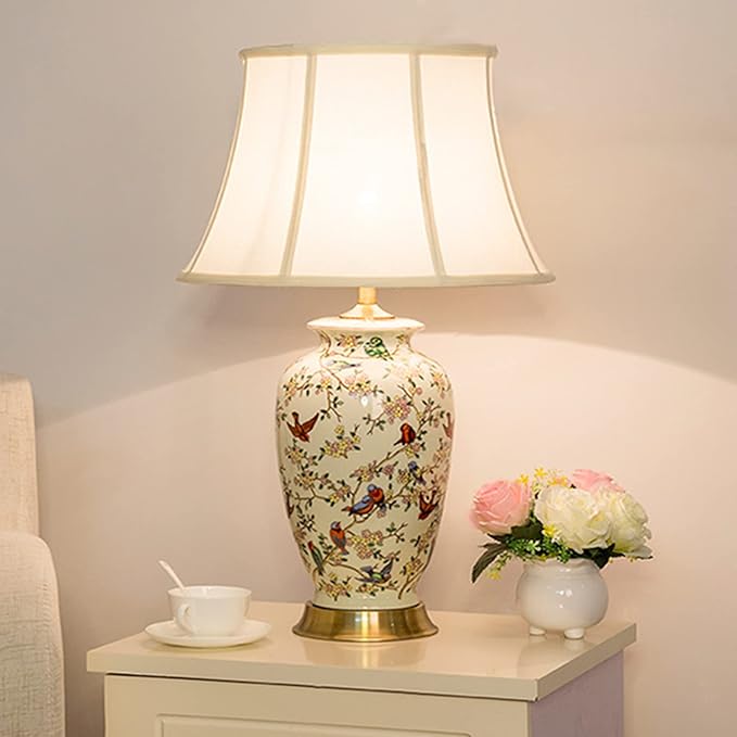 PURESILKS White 27" Flower and Bird Ceramics Table Lamp Chinoiserie Desk Lamp,Fabric Drum Shade,Gold Base, Tall Table Lamp Decor for Living Room Bedroom Bedside Office College Bookcase