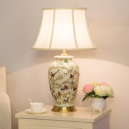 PURESILKS White 27" Flower and Bird Ceramics Table Lamp Chinoiserie Desk Lamp,Fabric Drum Shade,Gold Base, Tall Table Lamp Decor for Living Room Bedroom Bedside Office College Bookcase
