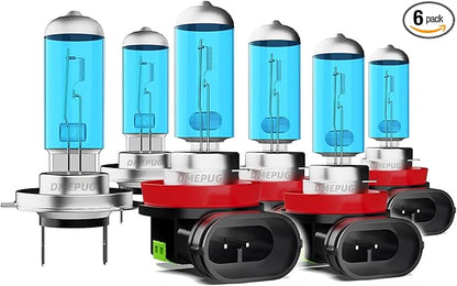 Compatible With Mazda MX-5 MIATA 2006-2015, H11 High Beam + H7 Low Beam + H11 Fog Lights Halogen Light Bulb Combo,Bright Halogen Replacement Headlight Bulbs,Plug N Play, Pack of 6