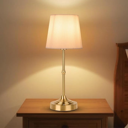 Rechargeable Table Lamp, Cordless Touch Lamps, Portable Desk Light with Stepless Dimmable Brightness & Fabric Shade for Nightstand Bedside Living Room (Gold, Twill)
