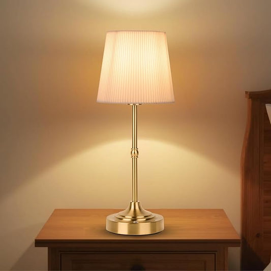 Rechargeable Table Lamp, Cordless Touch Lamps, Portable Desk Light with Stepless Dimmable Brightness & Fabric Shade for Nightstand Bedside Living Room (Gold, Twill)