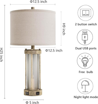Farmhouse Table Lamps Set of 2 for Living Room, Vintage Bedroom Nightstand Lamp with Dual USB Ports, Bedside Lamp with Frosted Glass Nightlight for End Table Entryway, 4 Bulbs Included (Earthy Gray)