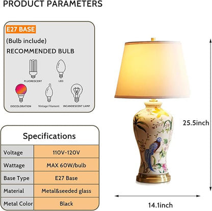 PURESILKS White Ceramics Table Lamp 25.5" Chinoiserie Lamp Flower and Bird Table Lamp American Handmade Beige Linen Drum Shade Decor for Living Room Bedroom