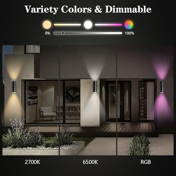 KIZON Smart Porch Lights 2 Pack, RGB Modern Outdoor Wall Lights Dusk to Dawn Exterior Lighting Fixture App Control with Remote, Up and Down Outdoor Sconce Lights for House Patio Garage, ETL Listed