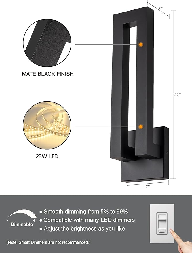 Large Outdoor Wall Sconce, 22.5 inch Modern LED Wall Lights Fixture, Black Exterior Porch Light, Waterproof Patio Light Fixture Wall Mount for House, Yard, Commercial Use