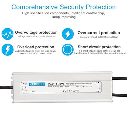 LED Driver 24V400W Waterproof Power Supply AC90-130V to DC24V16.7A Low Voltage Transformer IP67 Converter Suitable for Indoor and Outdoor LED Lighting and Any 24V DC LED