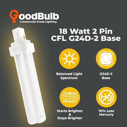 GoodBulb 18 Watt CFL Light Bulbs 2 Pin G24D-2 Base 2700K Soft White 18W High Output 1200 Lumens Double Tube Compact Fluorescent Light Bulbs Plug-in 10 Pack