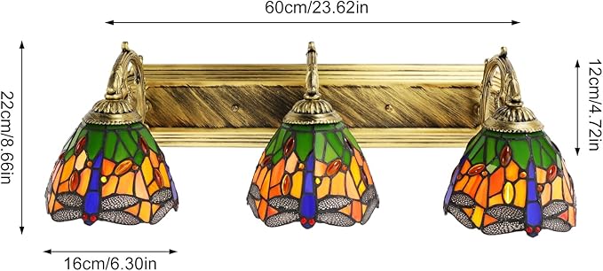 YIYIBYUS 3-Head Dragonfly Wall Sconce Lamp Tiffany Style Stained Glass Shade Vintage Wall Mount Lamp for Bedroom, Living Room and Hotel
