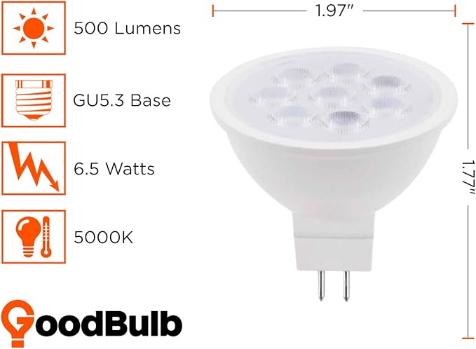 LED MR16 Light Bulbs | 6.5 Watt (40 Watt Equivalent) | GU10 Base | Daylight Color 5000K High Output 500 Lumens | Car Dealership Lighting | 10 Bulbs Pack