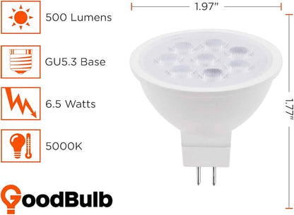 LED MR16 Light Bulbs | 6.5 Watt (40 Watt Equivalent) | GU10 Base | Daylight Color 5000K High Output 500 Lumens | Car Dealership Lighting | 10 Bulbs Pack