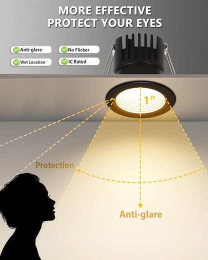 Adetu 2 Inch 5CCT Black Anti-Glare LED Downlight with Junction Box, 2700K/3000K/4000K/5000K Selectable, CRI90+, 8W COB, 840LM, IP65 Waterproof, Dimmable-ETL and Energy Star Certified (Black,12 Pack)