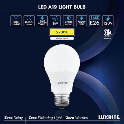 LUXRITE A19 LED Light Bulb 60 Watt Equivalent, Non Dimmable, CRI80, 2700K Warm White, 800LM, Standard LED Light Bulbs 8W, E26 Base, Enclosed Fixture Rated, Damp Rated, ETL Listed (8 Pack)