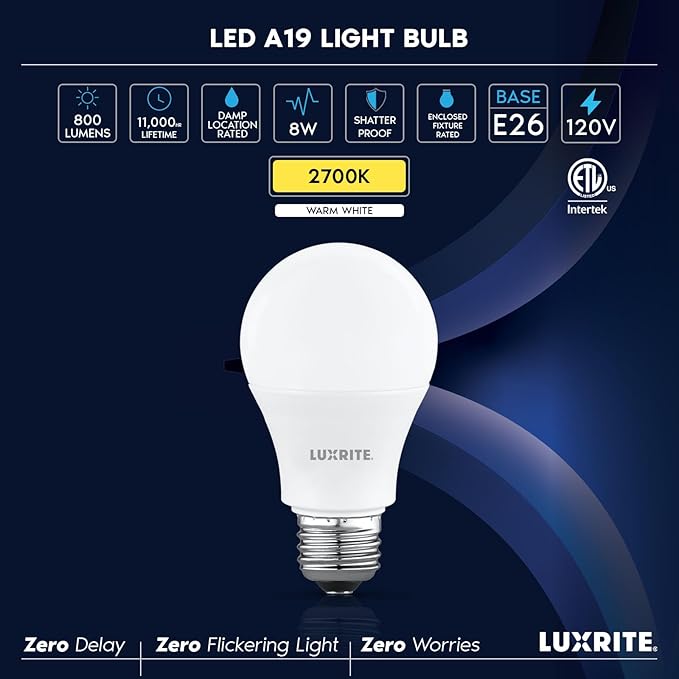 LUXRITE A19 LED Light Bulb 60 Watt Equivalent, Non-Dimmable, 2700K Warm White, 800LM, Standard LED Light Bulbs 8W, E26 Base, Enclosed Fixture Rated, Damp Rated, ETL Listed (48 Pack)