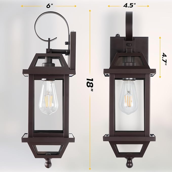 18" Bronze Outdoor Wall Sconces, Dusk Till Dawn Outdoor Porch Lights with Clear Glass, Aluminum Outside Porch Lantern Enclosed Bottom ETL Listed Brown Exterior Wall Sconces for Patio House
